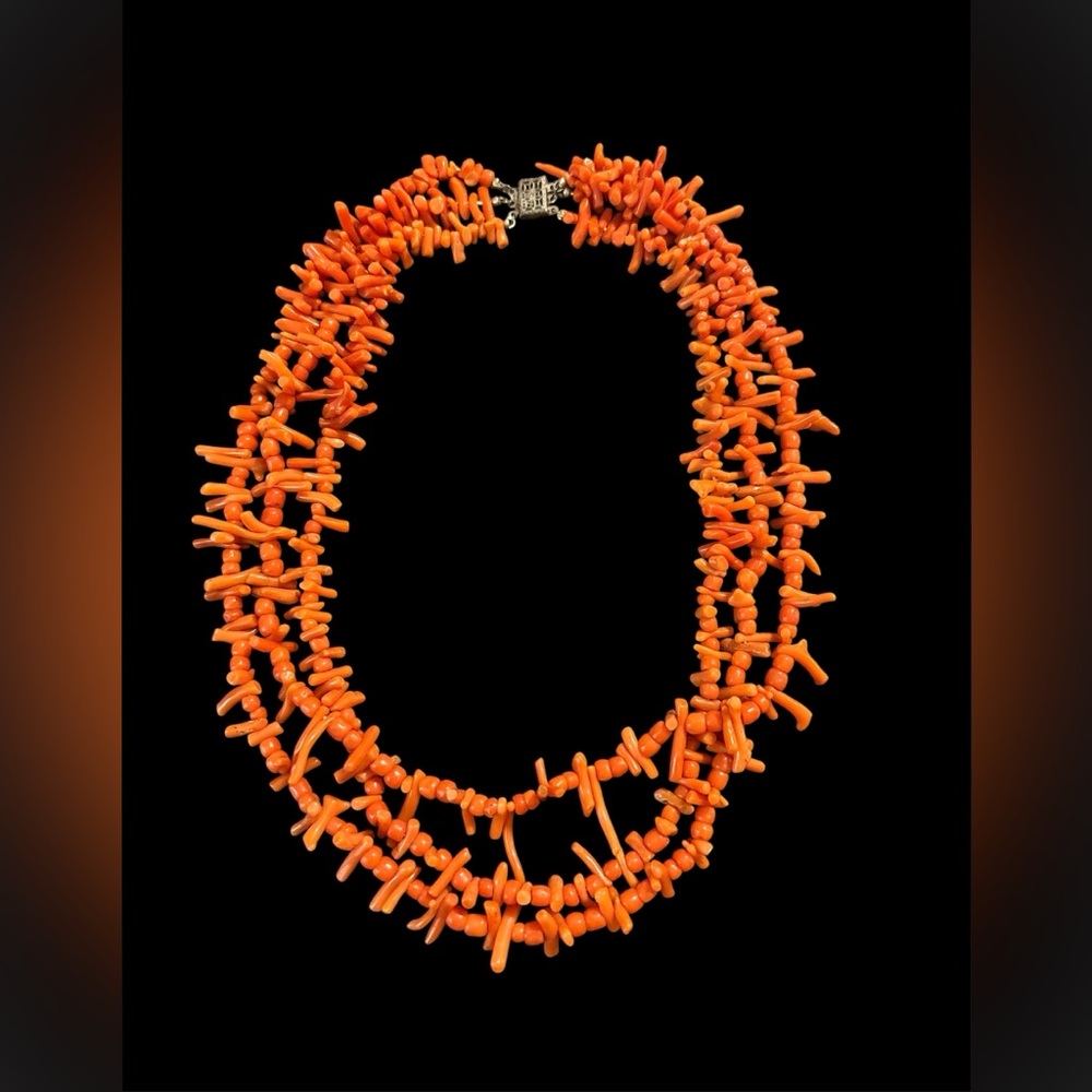 Antique red coral 3 strand choker necklace sterling clasp